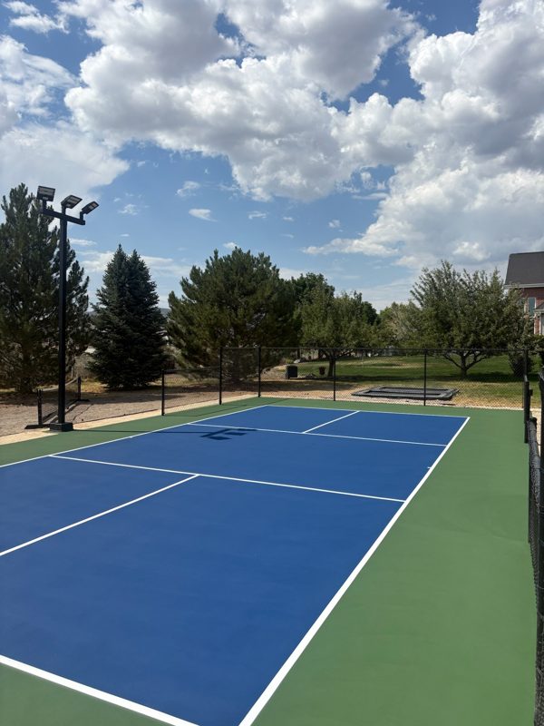 Backyard Blue and Green Pickleball Court with Court Lighting by Precision Pro Courts