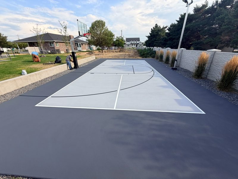 Charcoal and Grey Backyard Basketball Half Court with Dominator Hoop by Precision Pro Courts