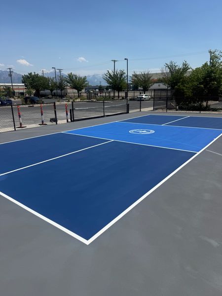 Two-Tone Blue Commercial Pickleball Court with Mountain View by Precision Pro Courts in Utah